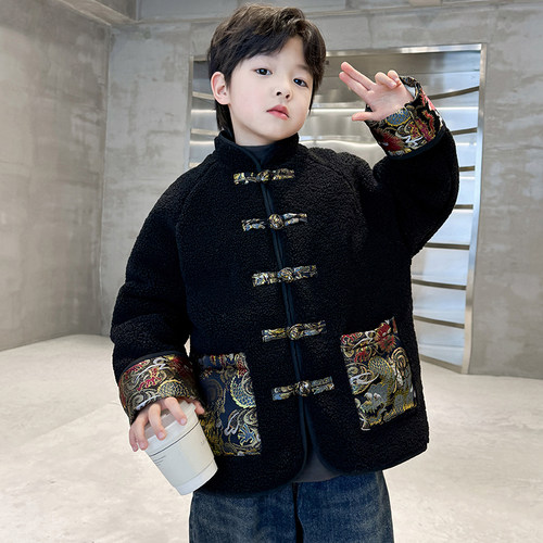男童毛毛衣24冬装新款儿童国潮汉服唐装中大童男孩棉衣外套拜年服 - 图1