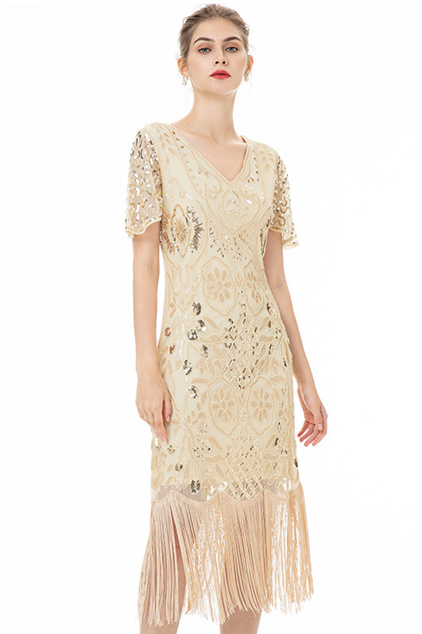 显年轻带袖盖茨比复古裙 1920s The Great Gatsby Party Dress-图0