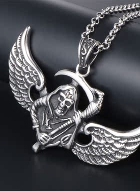 AH7钛钢翅膀骷髅死神镰刀帅气男士吊坠项链潮流个性项坠复古配饰