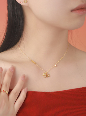 本命年S999足银小马钱币项链 原创复古中式跃马转金耳钉戒指套装