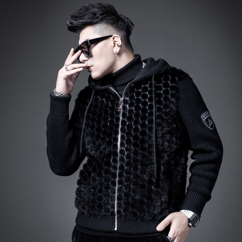 SXF圣希梵2023新款水貂毛皮草男 整貂皮针织袖真貂翻领大衣外套男 - 图2