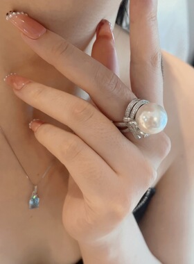 开口戒指女高级感新品仿真天然淡水珍珠贝珠蝴蝶结满钻轻奢戒指