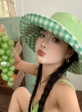 回忆森林格纹宽边系带渔夫帽女夏大檐防紫外线双面防晒帽盆帽学生