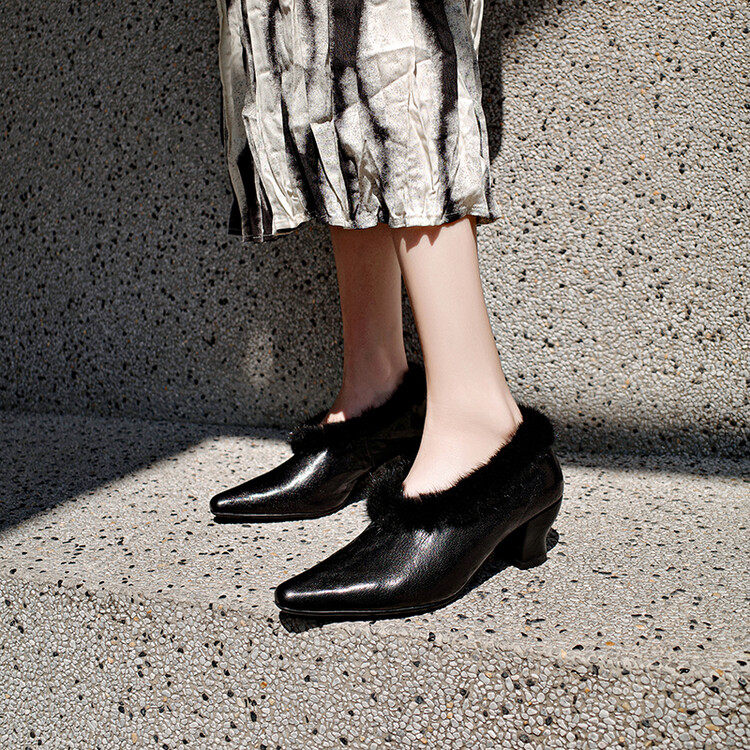 奢华复古~加绒深口单鞋女方头个性毛毛鞋秋冬新品洋气百搭时尚女,淘宝优惠券,粉丝福利购,淘宝优惠卷