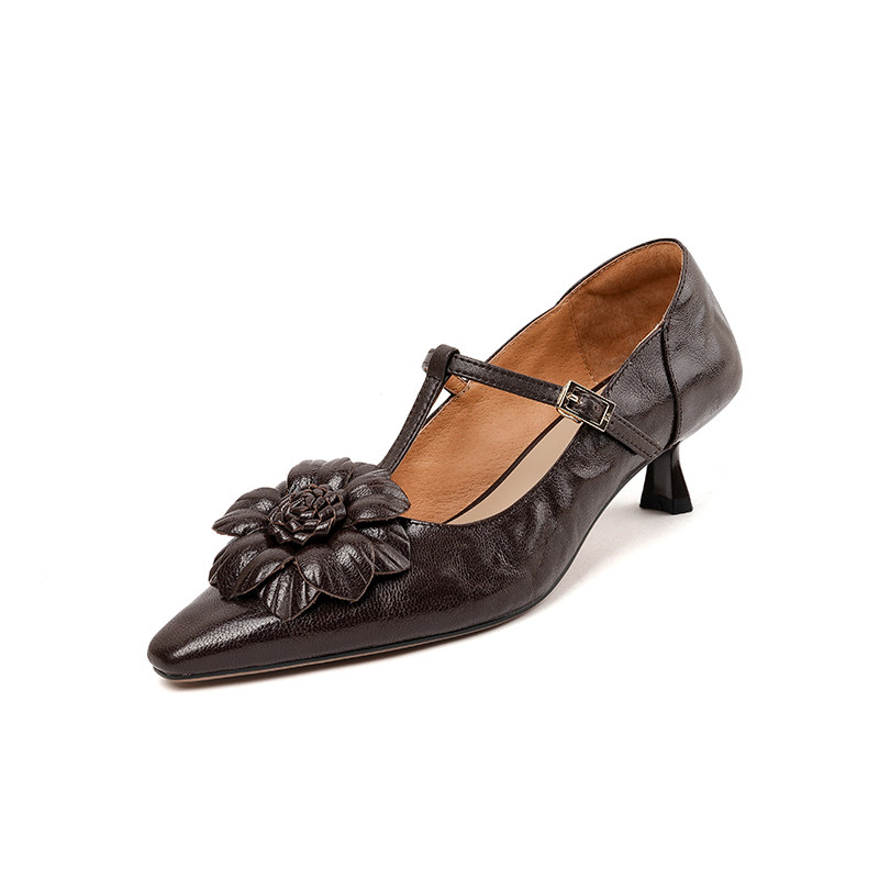 韩版新款真皮羊皮花朵单鞋女T带丁字鞋中跟细跟扣带百搭软皮40码,淘宝优惠券,粉丝福利购,淘宝优惠卷