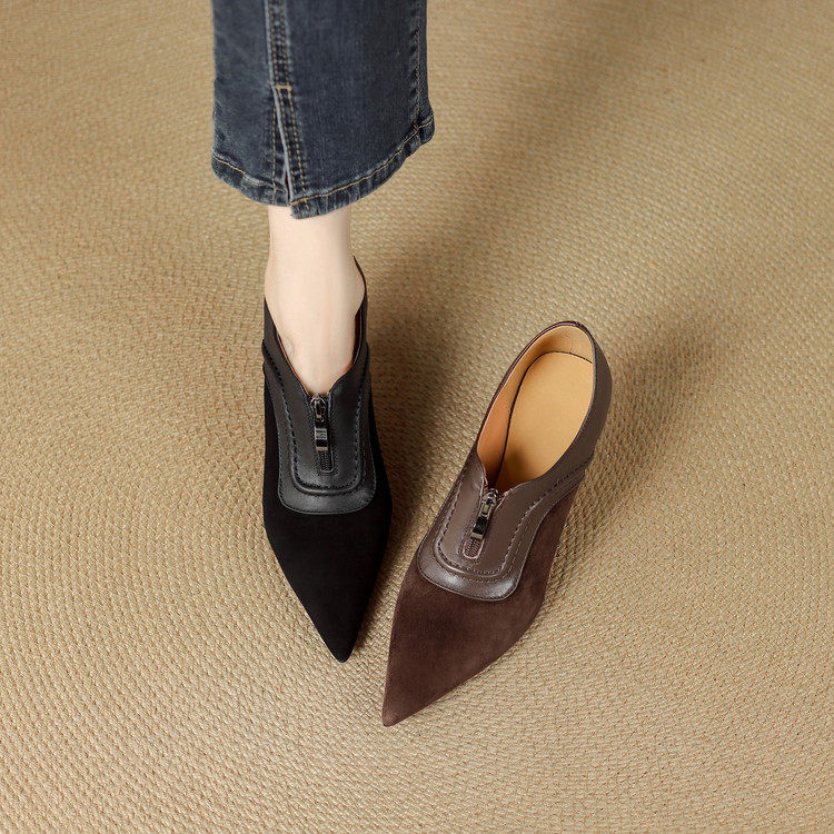 时尚尖头真皮深口单鞋女细跟高跟磨砂皮拼接前拉链百搭通勤鞋显瘦,淘宝优惠券,粉丝福利购,淘宝优惠卷