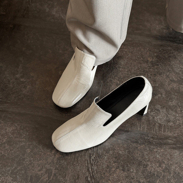 法式方头深口单鞋女粗跟头层牛皮一脚蹬乐福鞋百搭皮鞋高跟米白色,淘宝优惠券,粉丝福利购,淘宝优惠卷