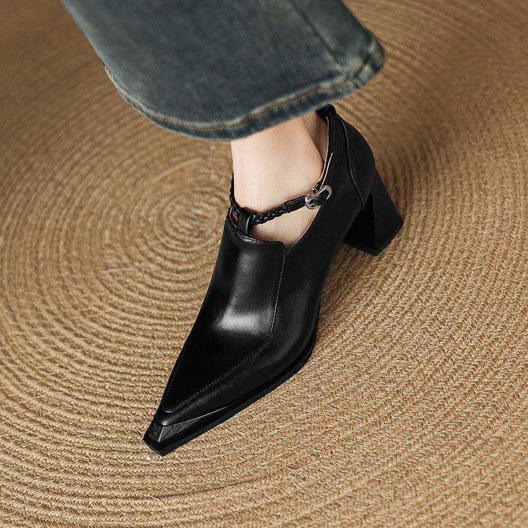 真皮粗跟深口单鞋女时尚尖头金属头扣带高跟鞋商务女鞋洋气百搭,淘宝优惠券,粉丝福利购,淘宝优惠卷