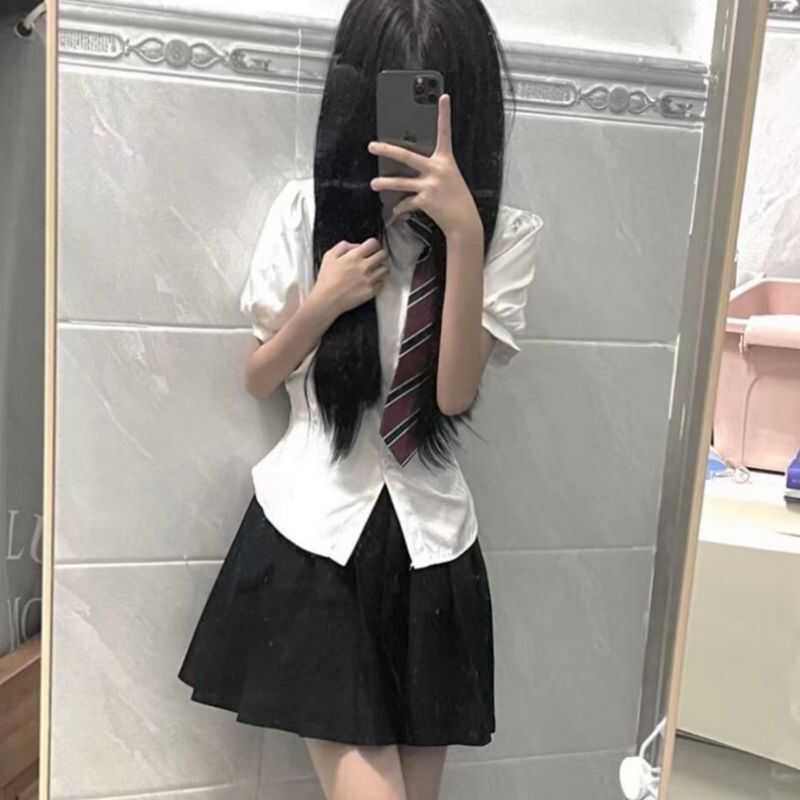 套装甜辣学院风jk制服衬衫女收腰显瘦制服衬衣设计别致上衣百褶裙 - 图3