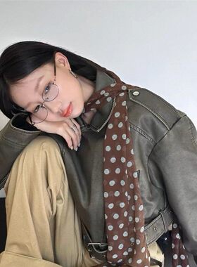 棕色波点春夏薄款细长飘带丝巾