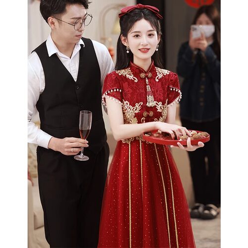 旗袍敬酒服新娘2025新款高级感中式酒红色订婚礼服裙小个子回门服 - 图2