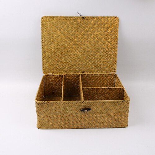 天然海草手工编织带盖收纳篮分格草编收纳筐藤草收纳盒桌面置物篮 - 图2