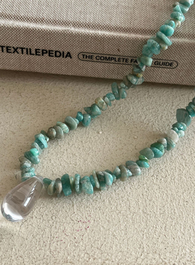 不规则蓝色天然碎石高级感复古气质串珠红色水滴吊坠项链锁骨链女