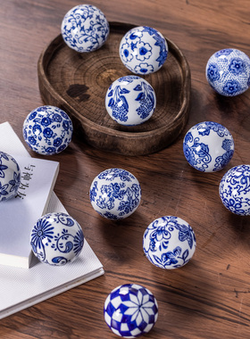 创意青花瓷 圆球水上漂浮球鱼缸泳池浮球装饰品摆件 陶瓷球6厘米