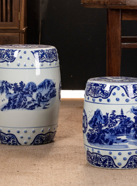 手绘梳妆仿古风鼓墩圆凳青花瓷