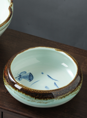 青花手绘缠枝莲水盂笔洗茶杯容器