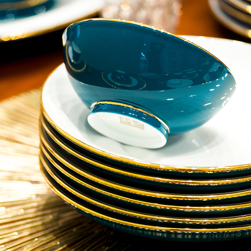 景德镇高白瓷餐具釉下彩碗碟套装家用中式轻奢高档陶瓷器碗盘乔迁