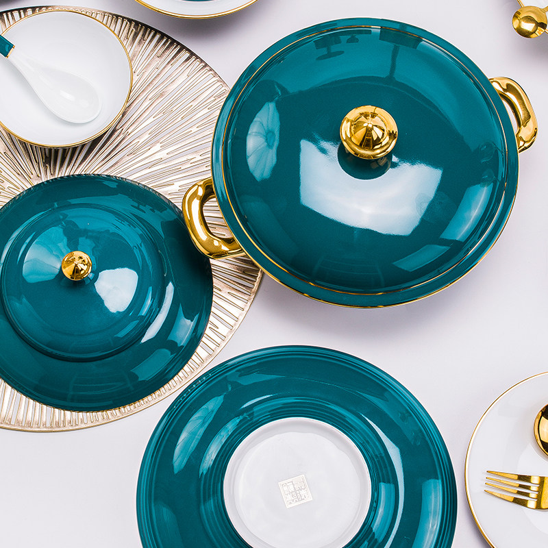 景德镇高白瓷餐具釉下彩碗碟套装家用中式轻奢高档陶瓷器碗盘乔迁