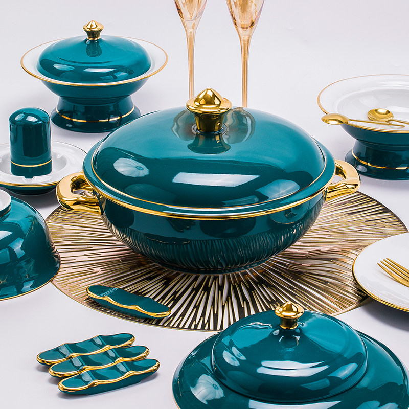 景德镇高白瓷餐具釉下彩碗碟套装家用中式轻奢高档陶瓷器碗盘乔迁