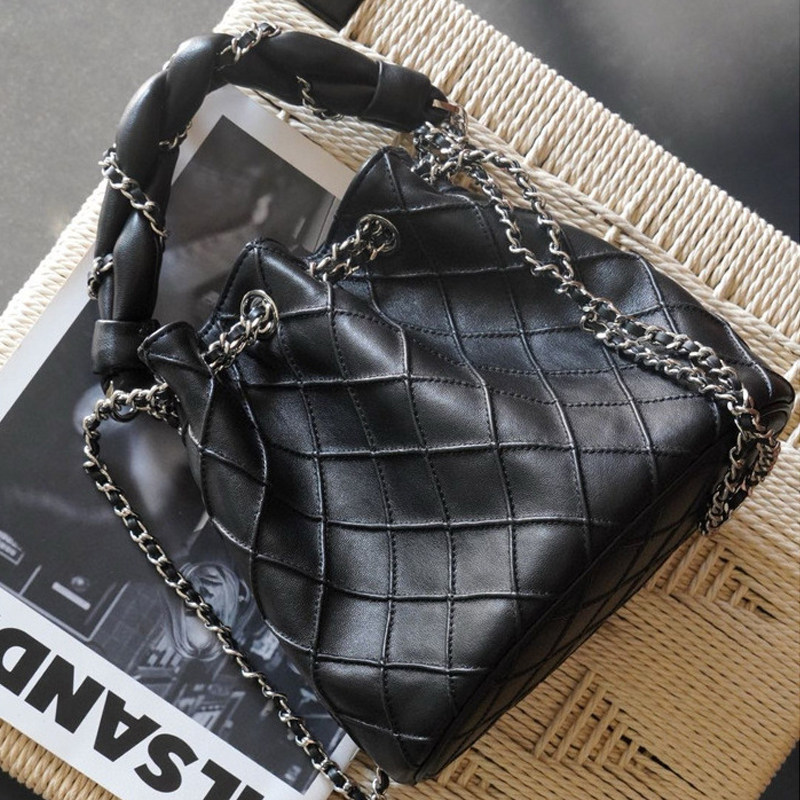 小众高级感羊皮手提水桶包时尚菱格小香风链条包单肩斜挎真皮女包,淘宝优惠券,粉丝福利购,淘宝优惠卷