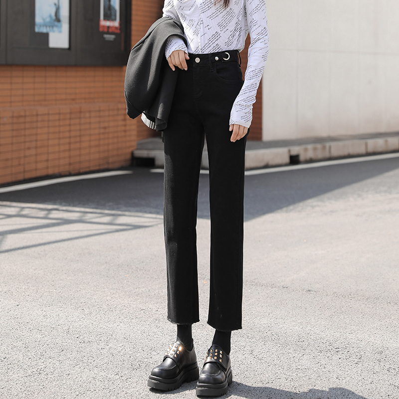 红记旗舰店高腰直筒牛仔裤女宽松年秋装新款百搭显瘦小个子九分烟管裤潮1