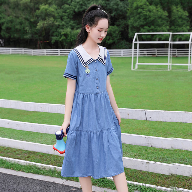 Girls' denim dress, middle school student's summer dress, preppy style