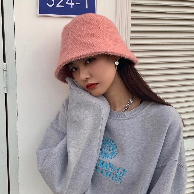 亨特琼斯旗舰店韩版毛绒纯色渔夫帽女秋冬加厚保暖盆帽日系百搭学生显脸小水桶帽0