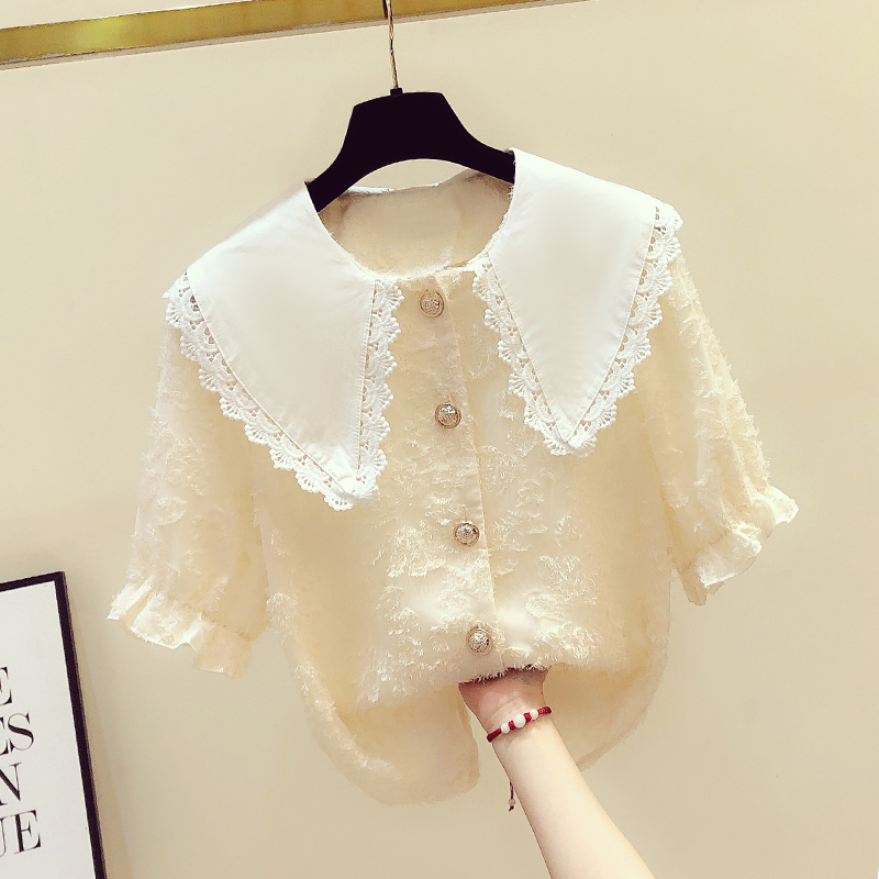 有意思女装168蕾丝花边娃娃领拼接上衣夏小仙女短袖雪纺衫小衫洋气时尚衬衫0