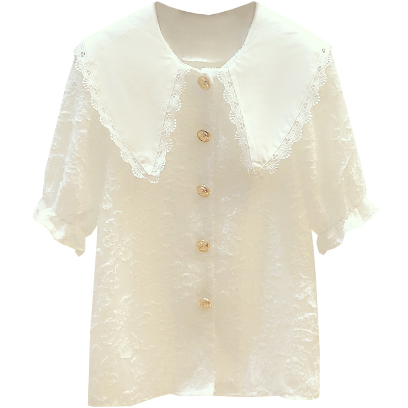 有意思女装168蕾丝花边娃娃领拼接上衣夏小仙女短袖雪纺衫小衫洋气时尚衬衫3
