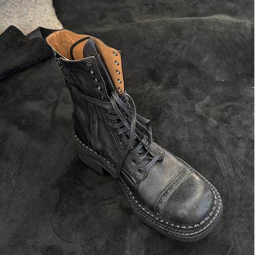 蒿版本！秋冬战损版厚底不过膝长筒靴复古擦色马丁靴搭扣骑士靴女 - 图0