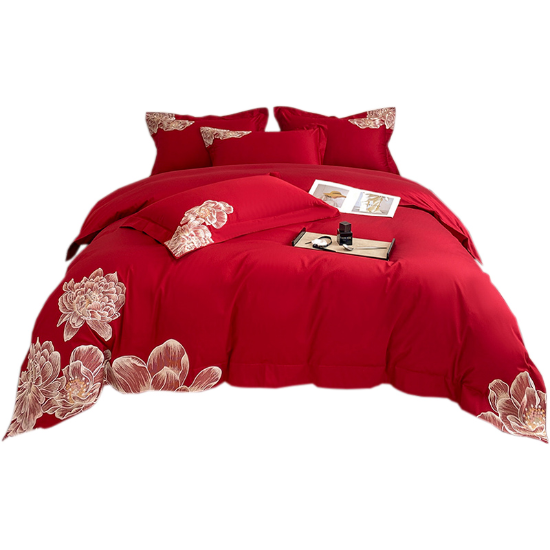 赫本风高支密长绒棉四件套婚庆高端全棉双人被套刺绣纯棉结婚床品 - 图0