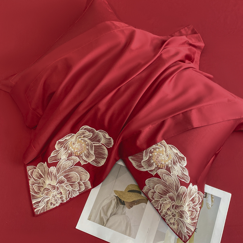 赫本风高支密长绒棉四件套婚庆高端全棉双人被套刺绣纯棉结婚床品 - 图3