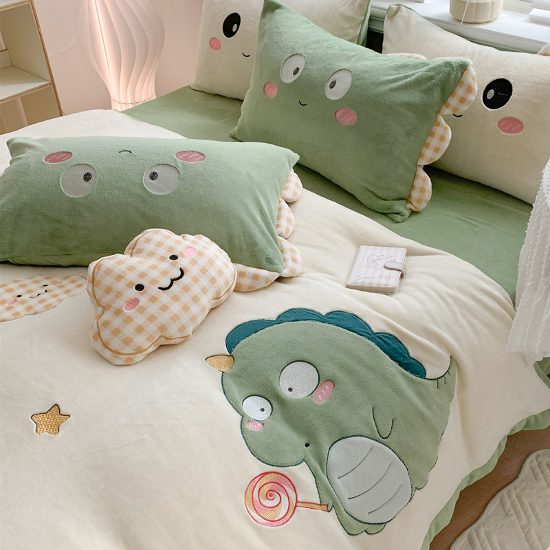 可爱恐龙保暖秋冬季牛奶绒四件套卡通刺绣加厚珊瑚绒被套床上用品,淘宝优惠券,粉丝福利购,淘宝优惠卷