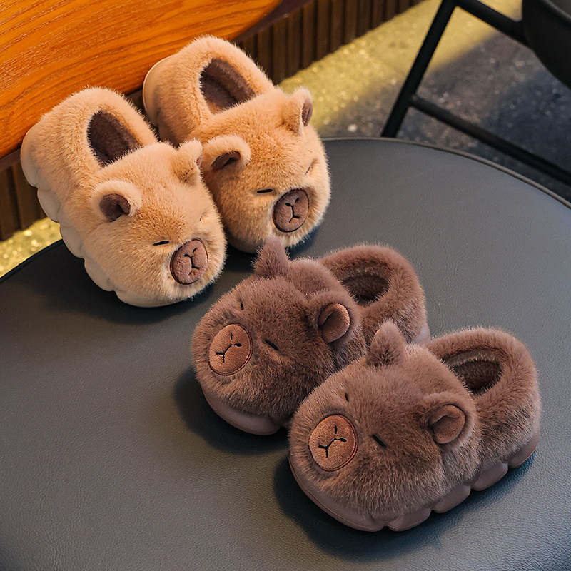 儿童卡皮巴拉棉拖鞋秋冬季男童女孩居家毛茸茸保暖中大童毛绒棉鞋,淘宝优惠券,粉丝福利购,淘宝优惠卷