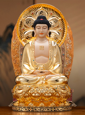 纯铜鎏金圆莲娑婆三圣佛像摆件