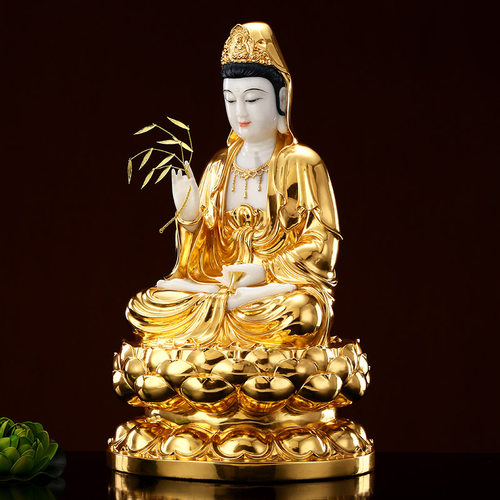 汉白玉金镶玉观音菩萨佛像家用供奉南海坐莲观世音娑婆三圣像摆件 - 图1