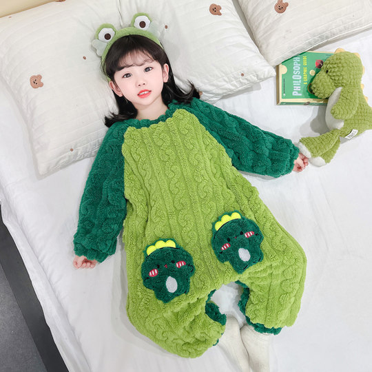 儿童家居服连体衣秋冬双层男女童睡衣冬季婴儿宝宝睡袋加厚珊瑚绒