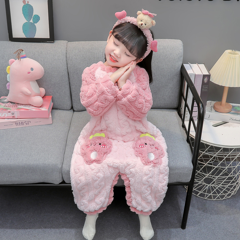 女童连体睡衣冬款法兰绒双层加绒宝宝冬季睡袋女孩秋冬加厚珊瑚绒 - 图1