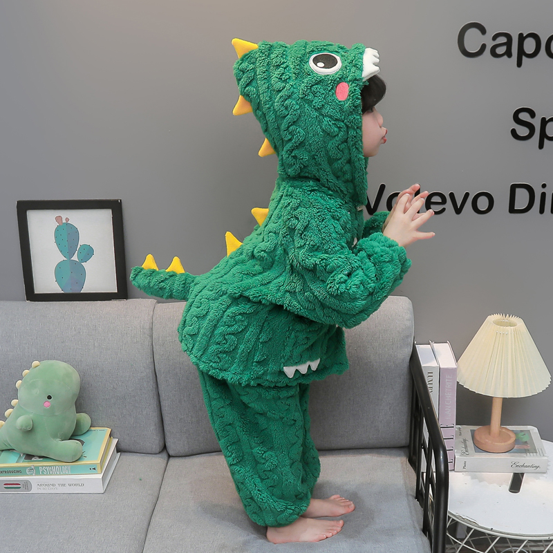 3儿童恐龙衣服2法兰绒1宝宝秋冬睡衣珊瑚绒加绒男女童家居服套装5 - 图0