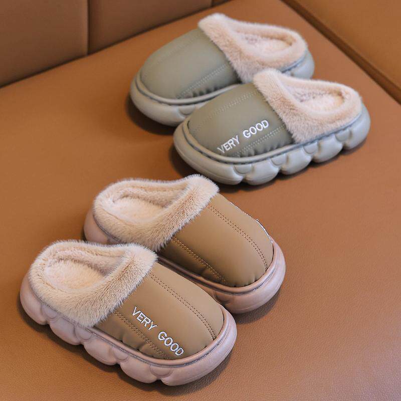 儿童棉拖鞋冬季男童皮面防水小孩居家室内女童宝宝加绒棉拖鞋防滑 - 图2
