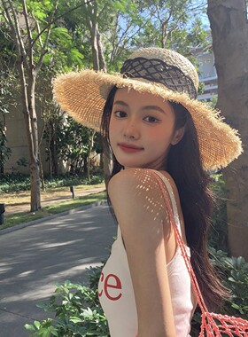 网红爆款拉菲草编织蕾丝飘带圆顶