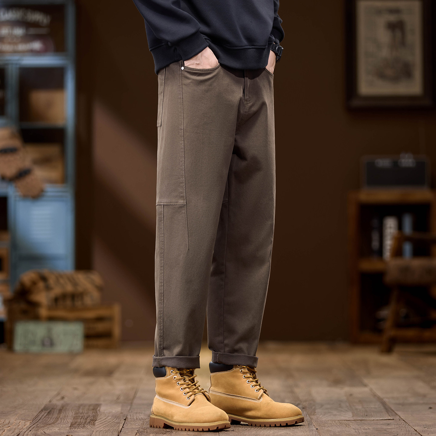 花花公子秋冬季美式重磅工装裤子男士宽松百搭耐磨加绒休闲长裤子 - 图2