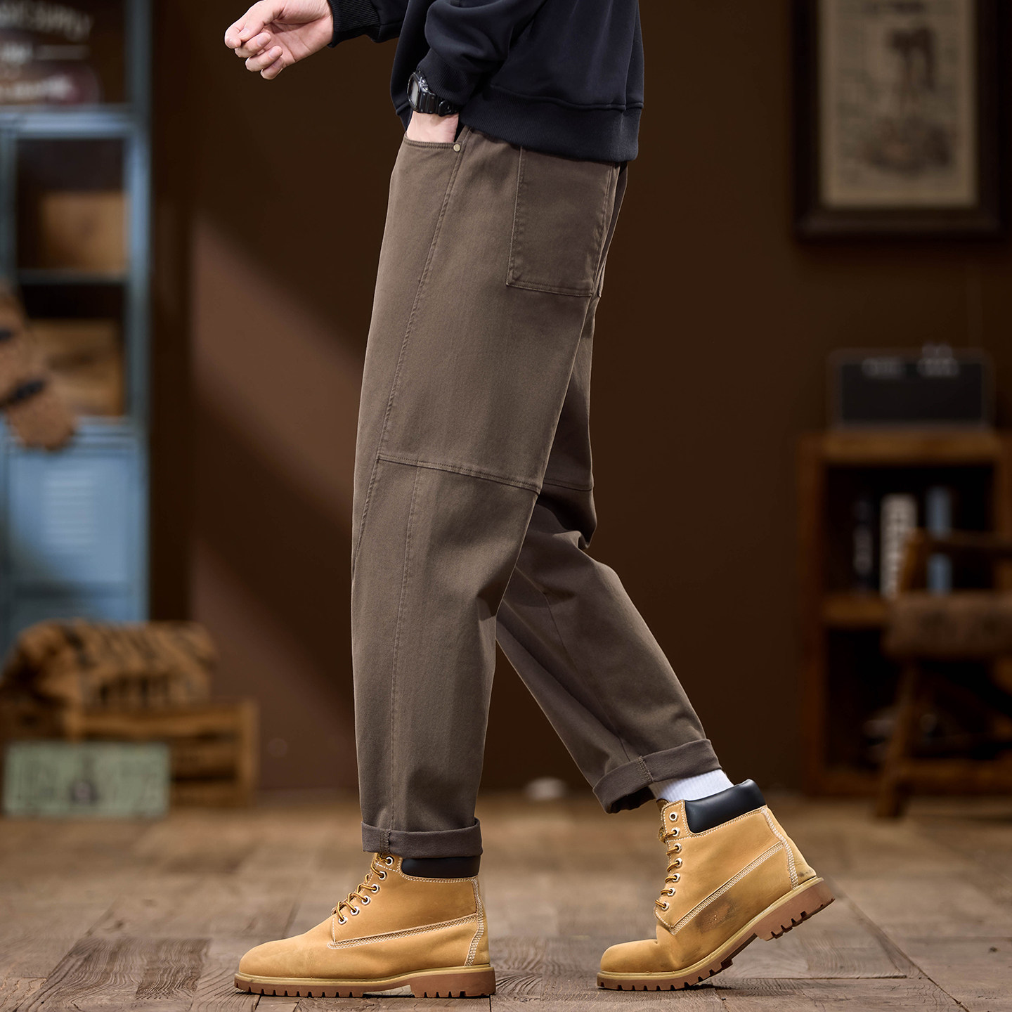 花花公子秋冬季美式重磅工装裤子男士宽松百搭耐磨加绒休闲长裤子 - 图3