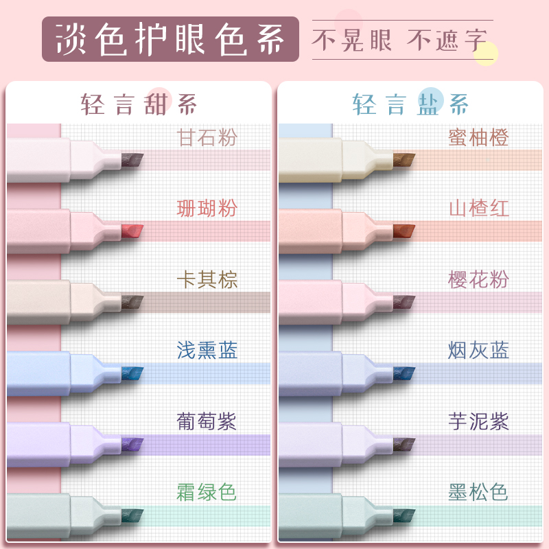 荧光笔标记笔学生做笔记专用手帐账笔记号笔彩色划重点多色双头软头莹萤光笔ins高颜值莫兰迪色系手杖笔一套-图0