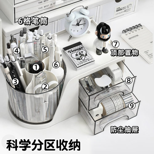 旋转笔筒学生桌面收纳盒轻奢高级感办公室办公桌收纳一体多功能大容量超大高颜值儿童男孩女孩书桌抽屉式笔桶 - 图0
