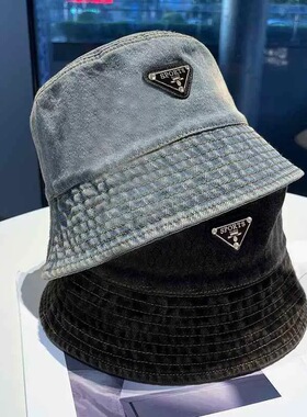 网红同款渔夫帽秋时尚气质水洗牛仔水桶帽显脸小三角标盆帽子女潮