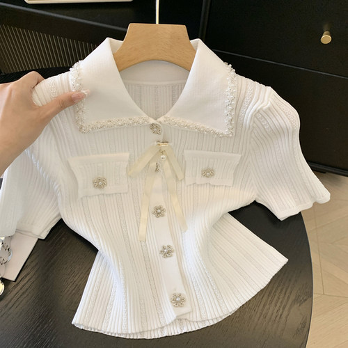 Jade Closet直营店推荐~美德拉甜美风翻领钉珠短袖针织娃娃小衫女 - 图2