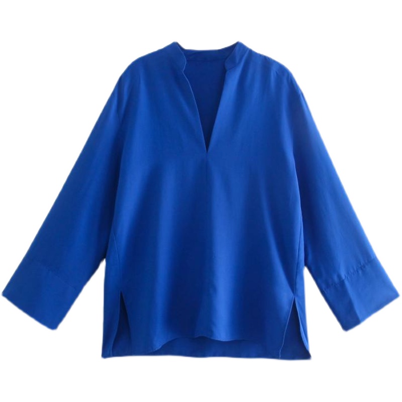 秋季新品宽松蓝色女衬衫大码V领纯色时尚气质欧美大版型休闲衬衣 - 图3