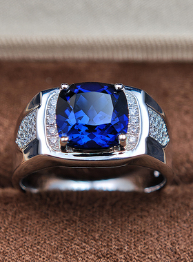 时尚正方形蓝宝石戒指男925纯银镀金镶嵌彩宝高级感指环潮人个性