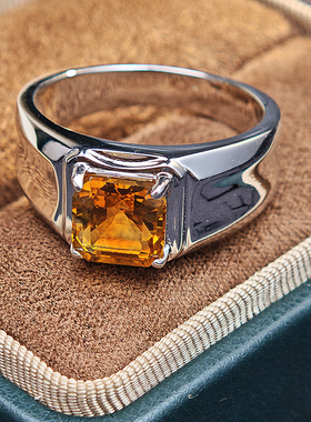 轻奢时尚百搭925纯银天然黄水晶简约男士戒指高级设计感个性刻字